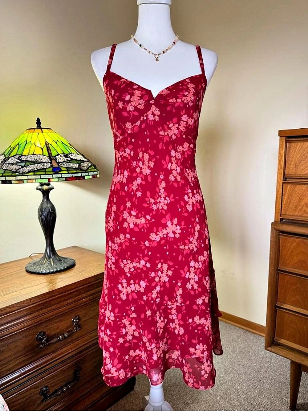 Ann Taylor LOFT Floral Midi Dress in Red & Pink Size Small
